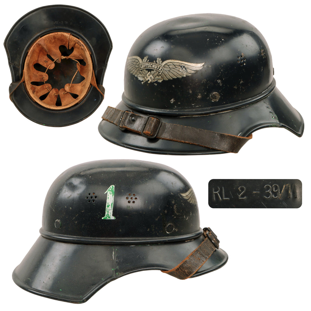 Original German WWII M38 Luftschutz Beaded Gladiator Air Defense Helmet with 56cm Liner and Chinstrap - dated 1939