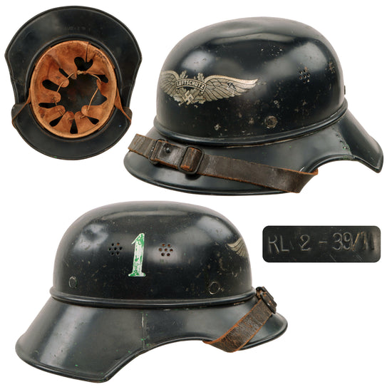 Original German WWII M38 Luftschutz Beaded Gladiator Air Defense Helmet with 56cm Liner and Chinstrap - dated 1939