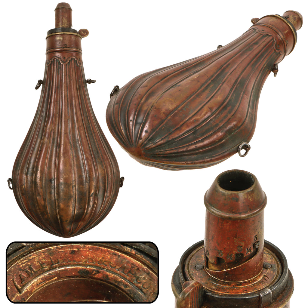 Original U.S. Civil War Era American Flask & Cap Company Fluted Brass Powder Flask with Functional Spring