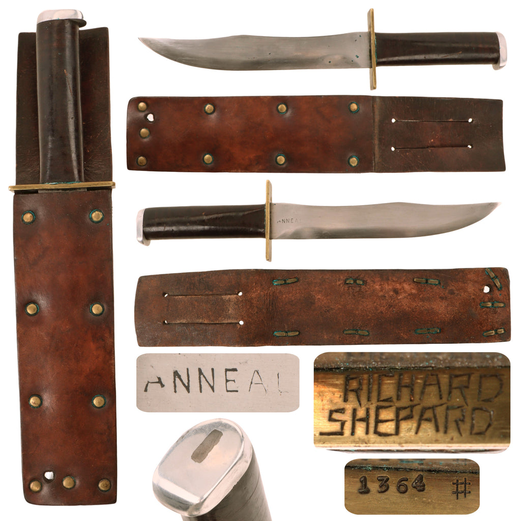 Original U.S. WWII Rare Fighting Knife by Richard “Dick” Shepard in Original Sheath with Hand-Etched Crossguard - Number 1364