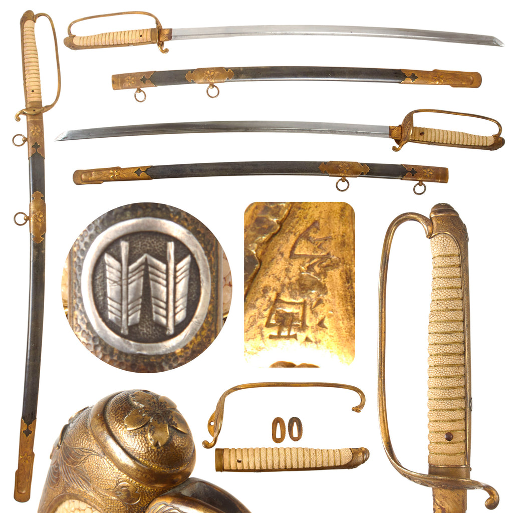 Original Japanese WWII Navy Officer Model 1883 Kyu-Gunto Sword with Family Crest, NCO Style Katana Blade, and Sharkskin Parade Scabbard