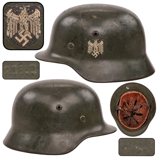 Original German WWII Heer Army Single Decal M35 Apple Green Steel Helmet with 1939 Dated 58cm Liner and Broken Chinstrap, Stamped SE66 Original Items