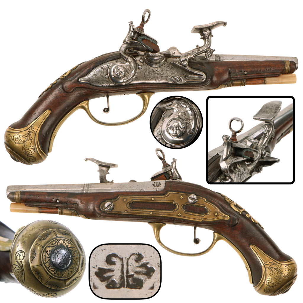 Original Late 18th Century Italian Snaphaunce Pistol with Engraved Brass Mounts and Grotesque Mask Decorations, Circa 1780 Original Items