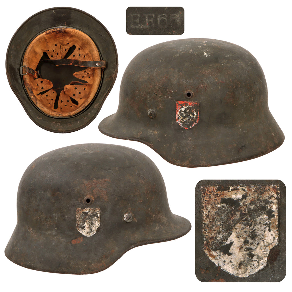 Original German WWII Rare Waffen SS M35 Double Decal Helmet with 59cm Liner and Chinstrap - Stamped EF66 Original Items
