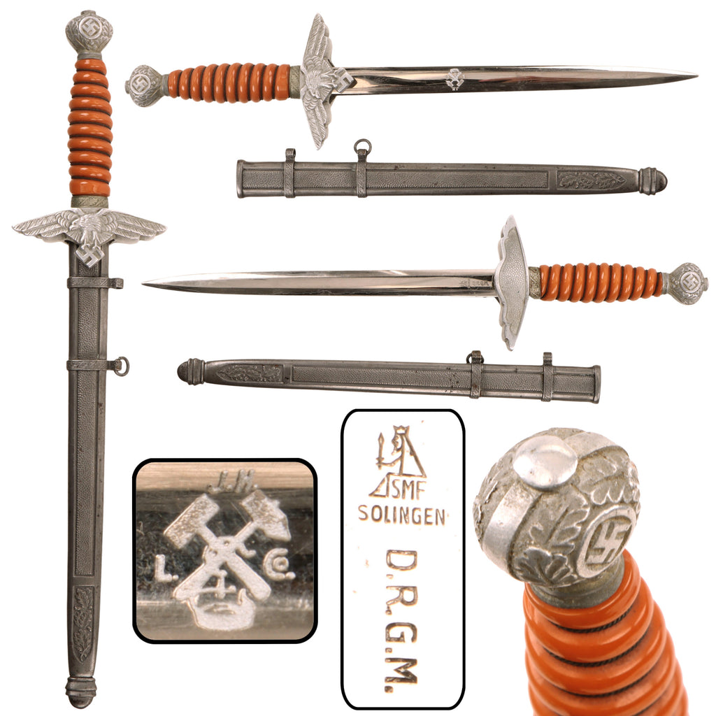 Original WWII German Miniature 2nd Model Luftwaffe Dagger Marked to J.H.L. Co. by SMF with Scabbard