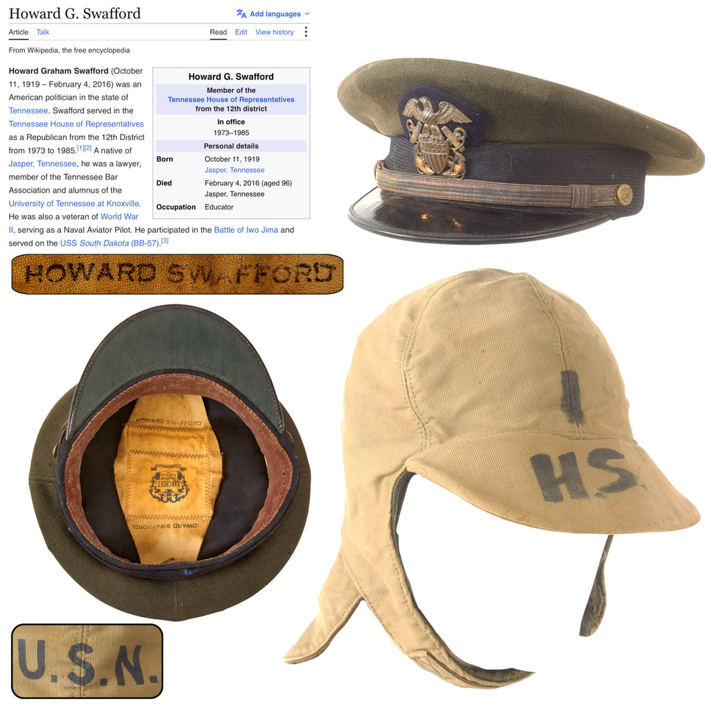 Original U.S. WWII Iwo Jima Naval Aviator Howard Swafford Officer’s Visor & USN Foul Weather Cap Grouping with Iwo Jima Photos