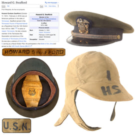 Original U.S. WWII Iwo Jima Naval Aviator Howard Swafford Officer’s Visor & USN Foul Weather Cap Grouping with Iwo Jima Photos