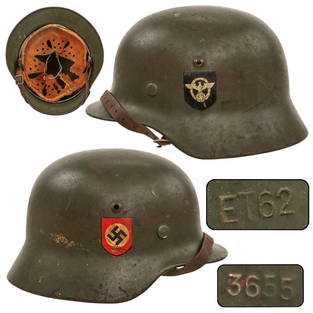Original German WWII Ordnungspolizei Double Decal M35 Steel Combat Helmet with 1937 Dome Stamp, 1937 Dated 55cm Liner, and Broken Chinstrap, Stamped ET62
