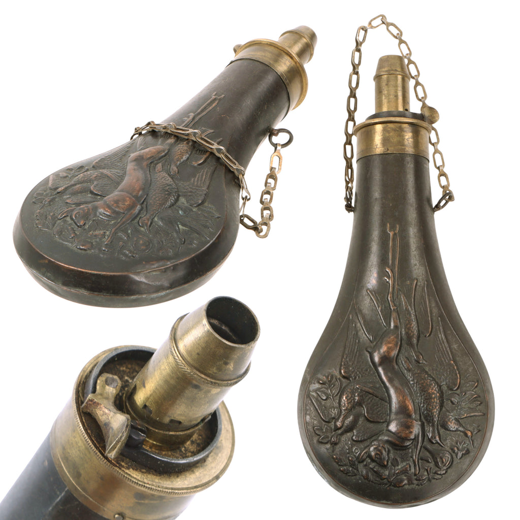 Original U.S. Civil War Era Embossed Brass Powder Flask “Dead Game” with Hanging Chain & Functional Spout Original Items