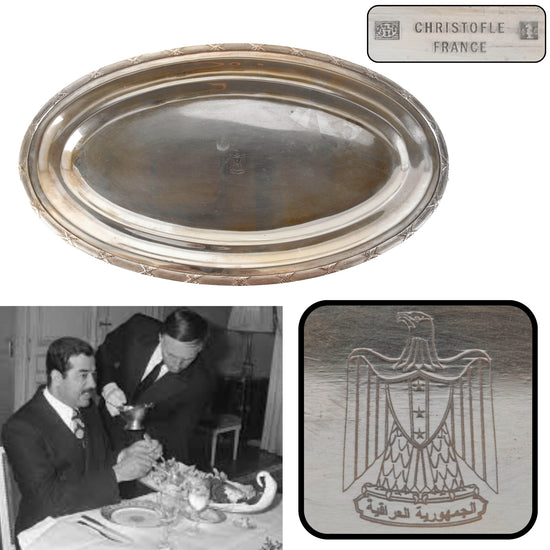 Original Iraq War Saddam Hussein Silver Plated Formal Pattern Serving Tray with Iraq Coat of Arms - From Basra Airport - Christofle Silver Original Items