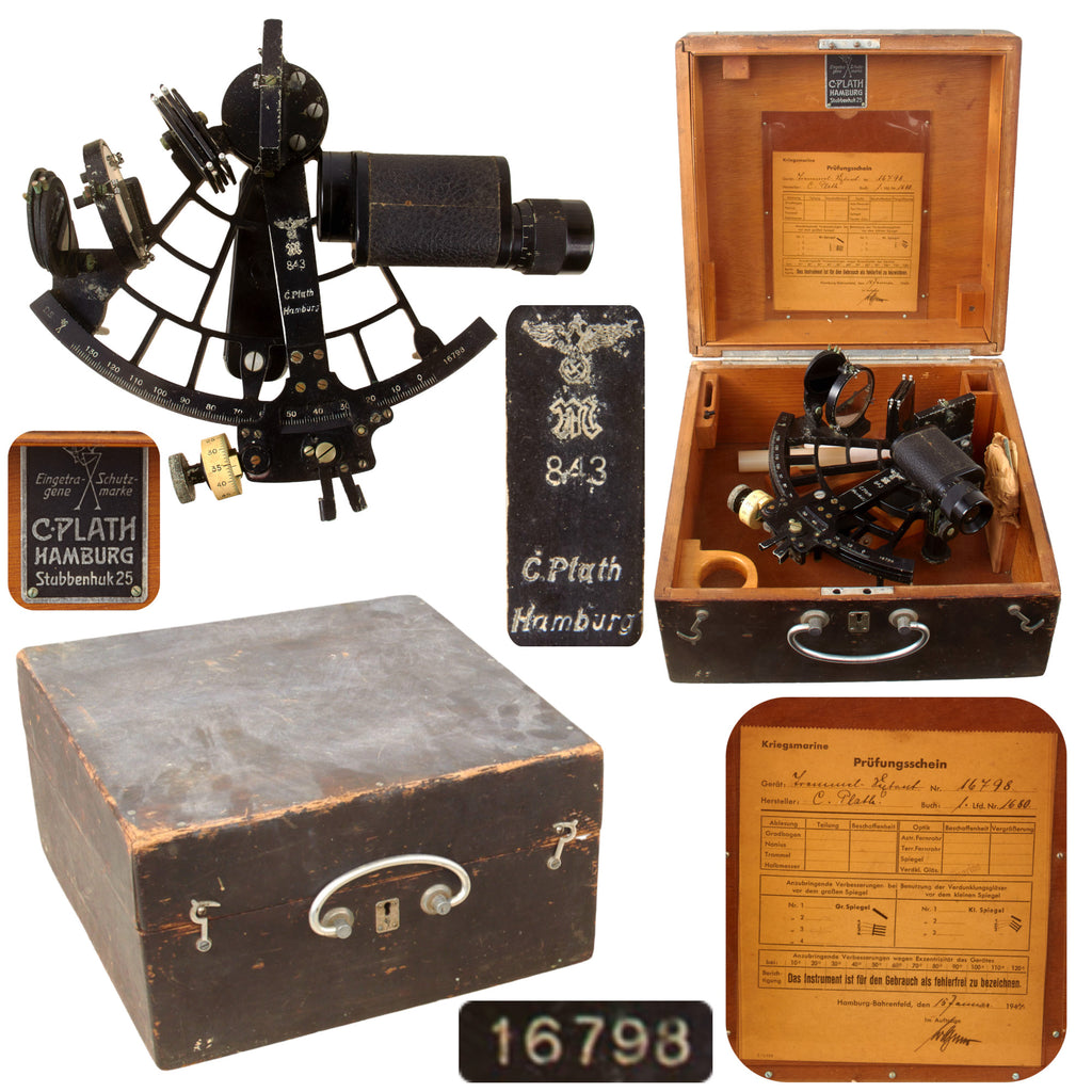 Original German WWII Kriegsmarine C. Plath Hamburg Sextant with Matching Wooden Case & 1944 Inspection Sheet