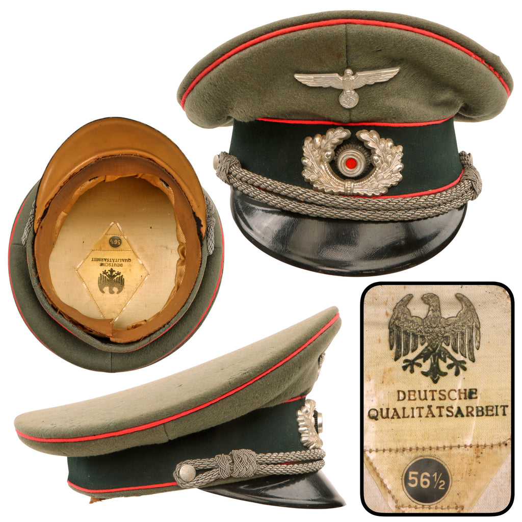 Original German WWII Heer Panzer Armored Corps Officer Schirmmütze Visor Cap with Aluminum Insignia and Crown Stiffener, Size 56 1/2 Original Items