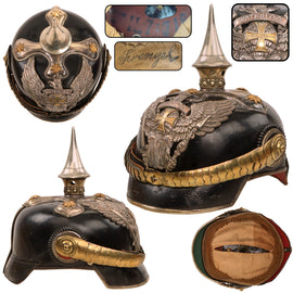 Original Imperial German WWI Named Prussian 2nd Hanoverian 16th Dragoon Landwehr Officer’s Pickelhaube Helmet with “Waterloo” Wappen and WWII German Archival Museum Stamp - Sprengel