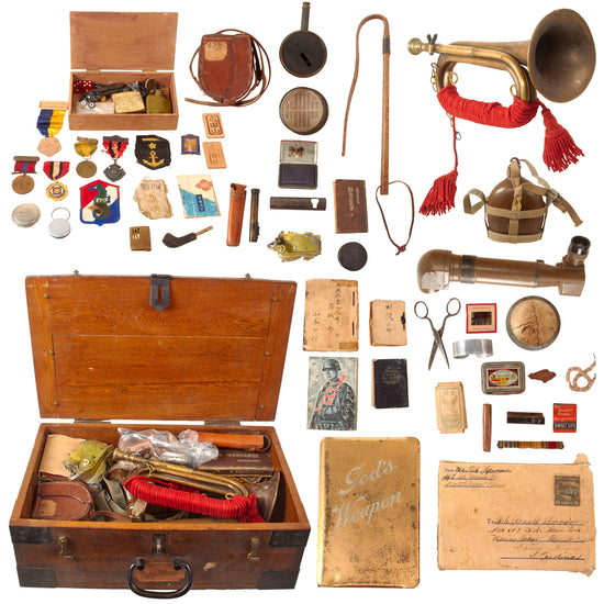 Original U.S. WWII Pacific Theater USMC Japanese Bringback Souvenir Group in Japanese Trunk - Corporal Ronald C. Derosier Original Items