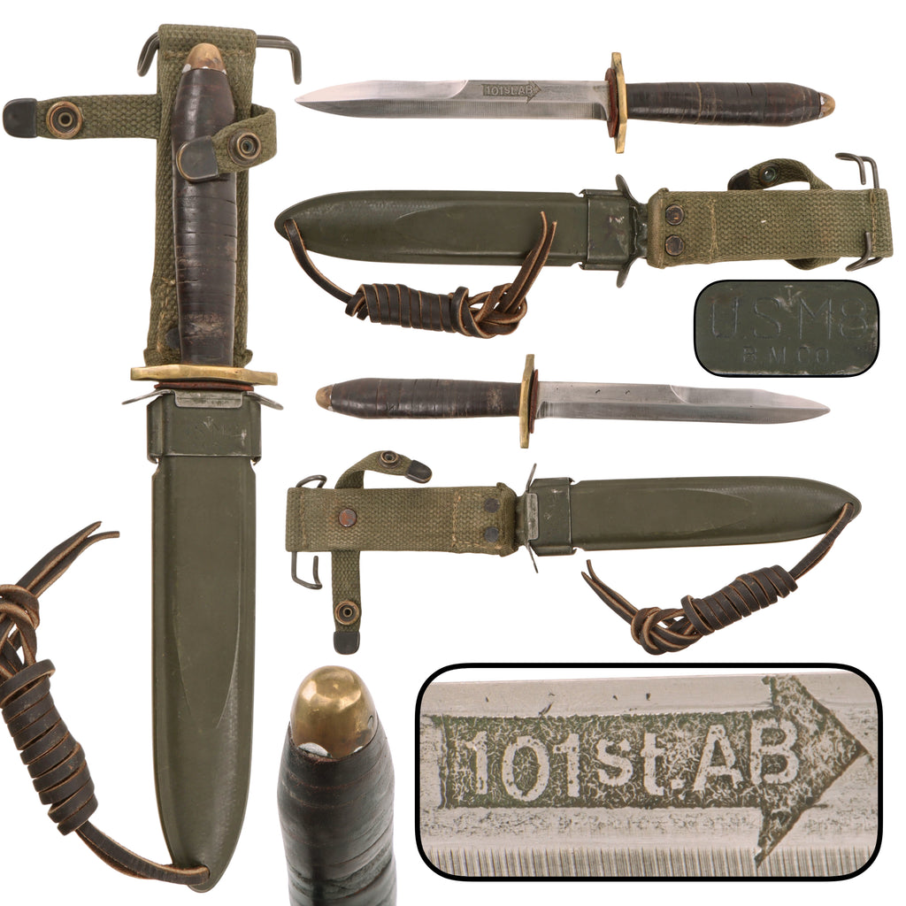 Original U.S. Vietnam War Era 101st Airborne Division Modified M3 Style Fighting Knife with 101st AB Arrow Etched Blade & M8 Scabbard
