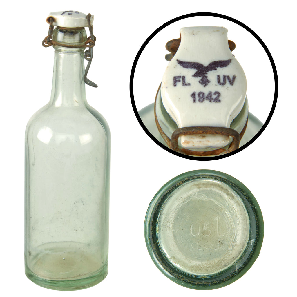 Original German WWII Luftwaffe FL UV Marked Thick Clear Glass Beer or Wine Bottle - Dated 1942
