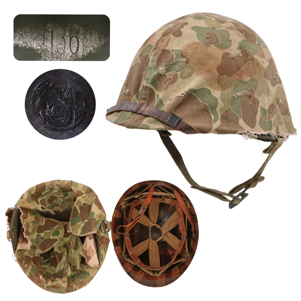 Original U.S. WWII USMC Rear Seam Swivel Bale M1 Helmet with MSA Liner and 2nd Pattern USMC Camouflage “Frogskin” Cover