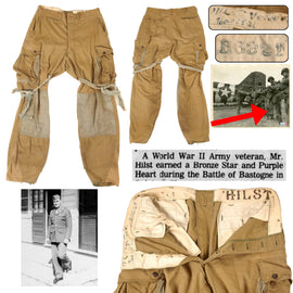 Original U.S. WWII M1942 Reinforced Paratrooper Jump Pants Named to 101st Airborne Siege of Bastogne Named Bronze Star & Purple Heart Recipient Vernis “Bing” Hilst, 321st Glider Field Artillery Battalion