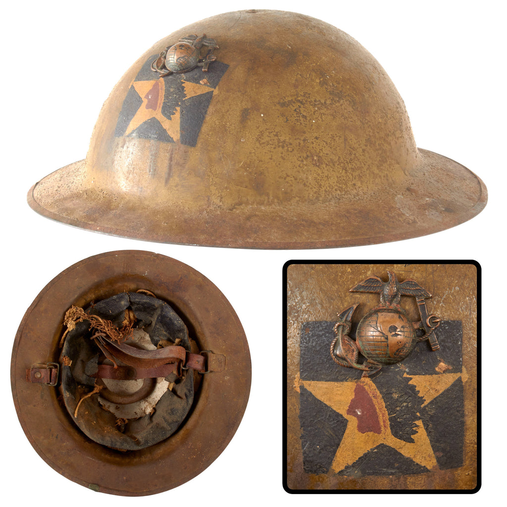 Original U.S. WWI US Marine Corps Headquarters Company 5th Marines 2nd Division British Made Mk. I Doughboy Helmet with EGA Device & Delicate Liner