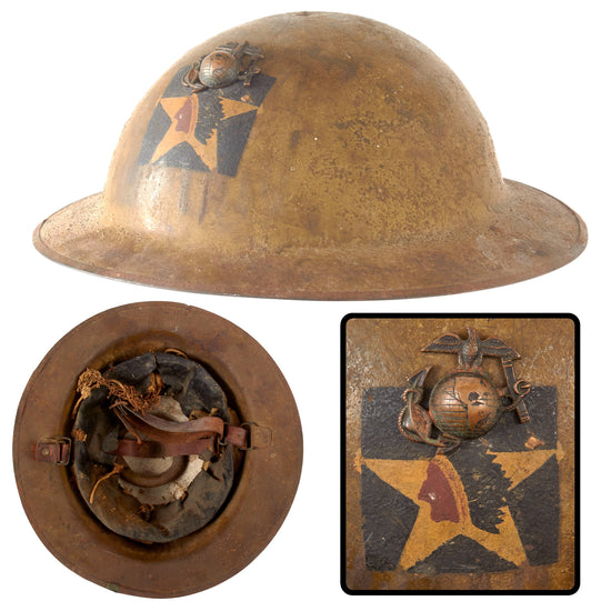Original U.S. WWI US Marine Corps Headquarters Company 5th Marines 2nd Division British Made Mk. I Doughboy Helmet with EGA Device & Delicate Liner Original Items