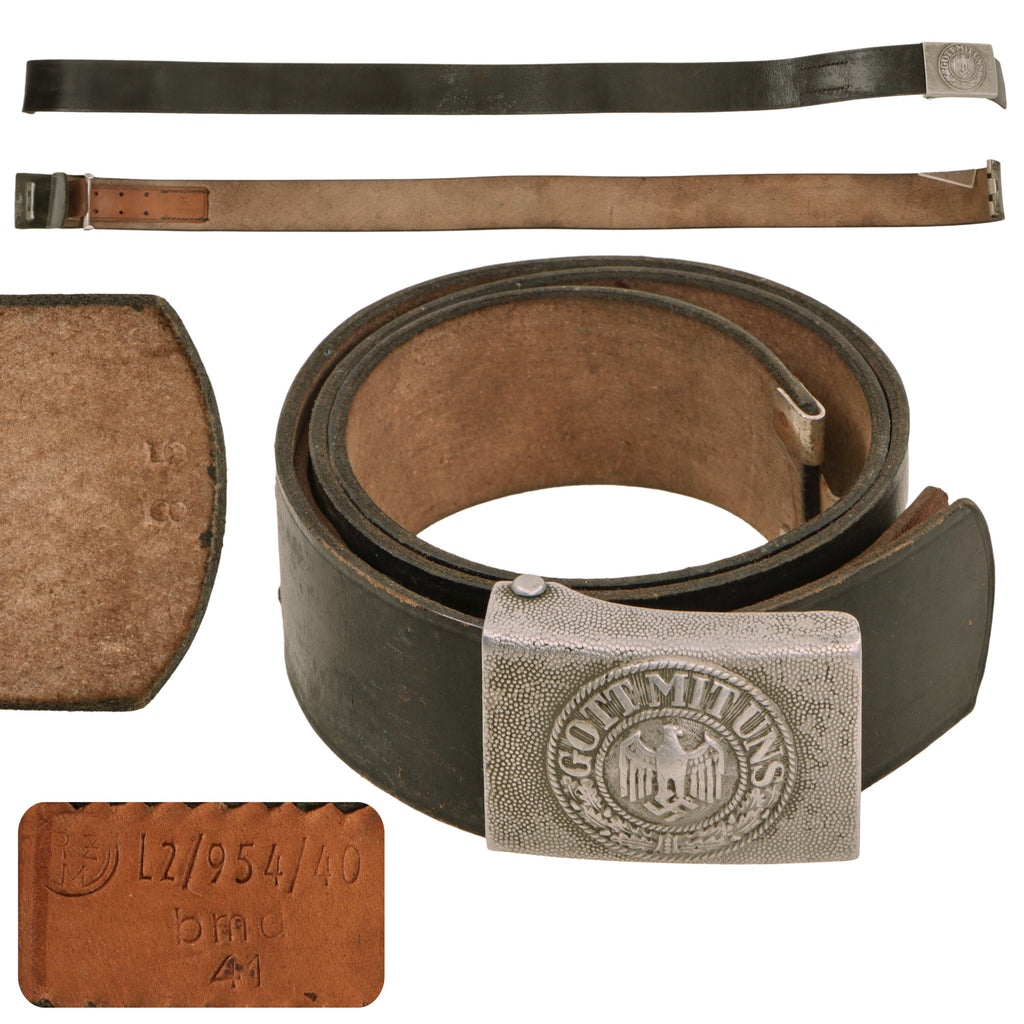 Original German WWII Heer Army EM/NCO Pebbled Aluminum Buckle with RZM and Maker Marked Leather Belt Original Items