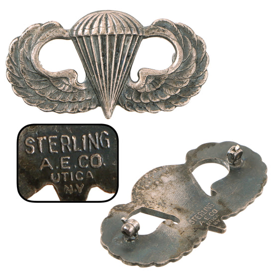 Original U.S. WWII Sterling Silver A.E. Co. Utica N.Y. Airborne Parachutist “Jump Wings” Badge - American Emblem Company