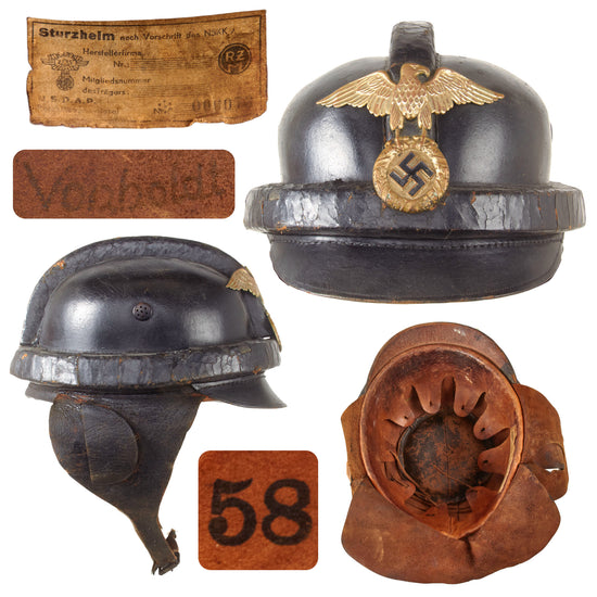 Original German WWII Early 1st Pattern NSKK Padded Leather Crash Helmet with RZM Label, Size 58cm