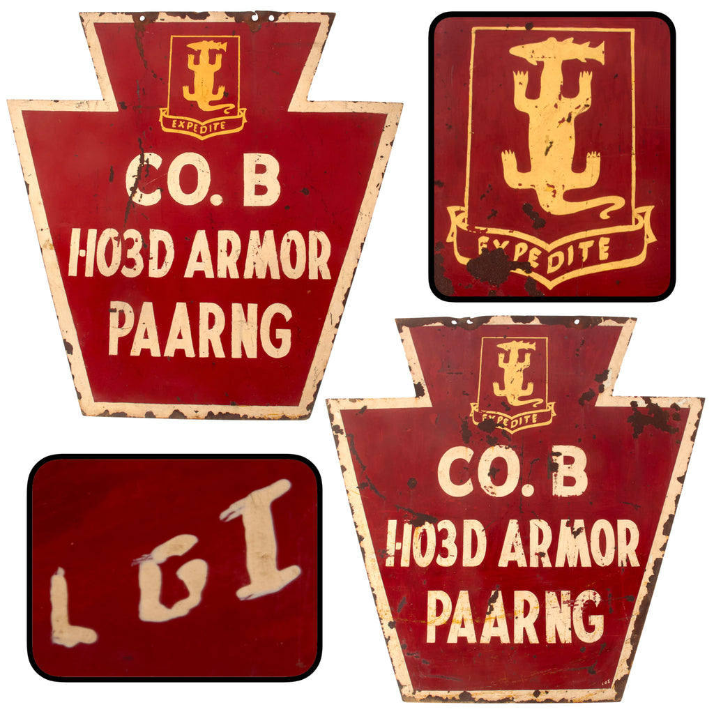 Original U.S. Vietnam War Era Company B 103rd Armor Regiment Pennsylvania National Guard Metal “Keystone” Unit Sign - Double-Sided - 35¾ x 36¼”