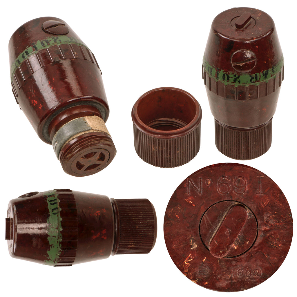 Original British WWII British No 69 I Bakelite High Explosive Inert Hand Grenade in Rare Brown Bakelite with Complete Cloth Fuze Pull - Excellent Original Items