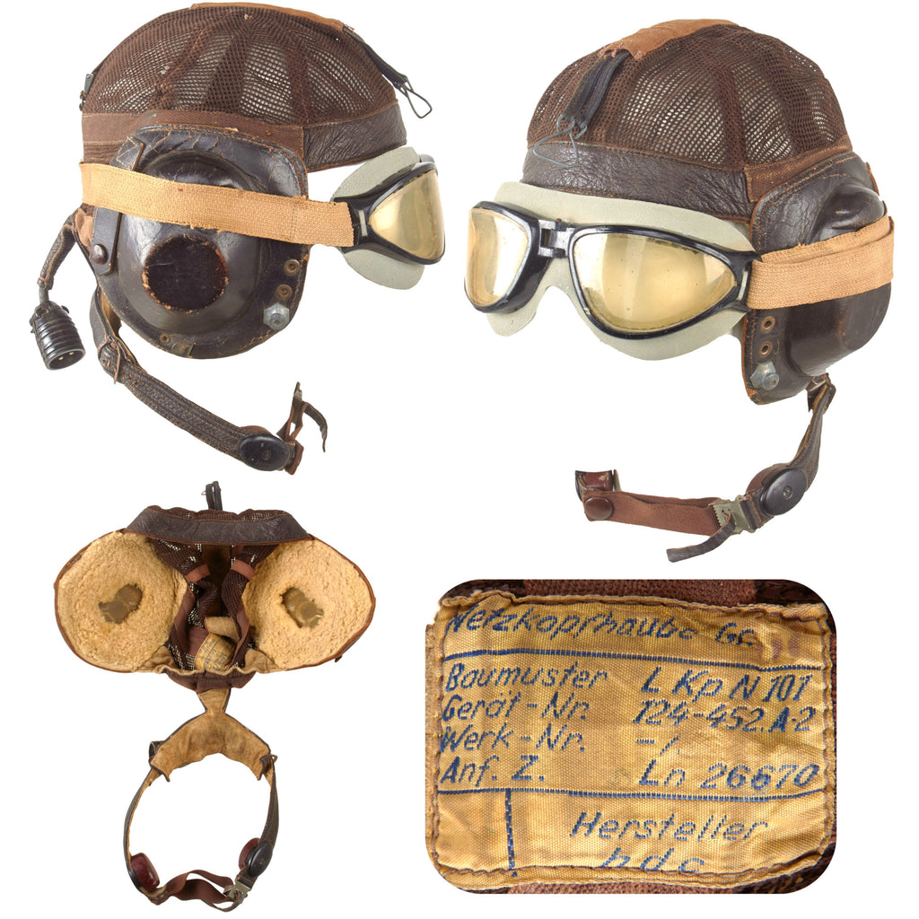 Original German WWII Luftwaffe LKpN101 Netzkopfhaube Summer Flying Helmet in Size 57cm with Avionics & Flight Goggles by Luftfahrtgeraetewerk Hakenfelde GmbH, Berlin-Spandau Original Items