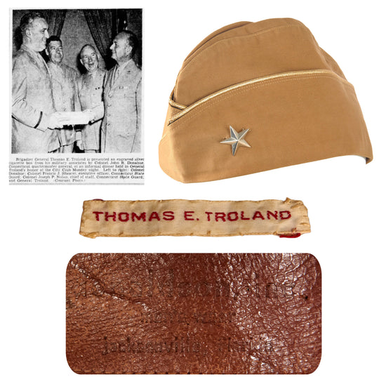 Original U.S. WWII Major General Thomas E. Troland’s Brigadier General Garrison Cap with Gold Piping & Stitched Name Tag - Size 7 ¼