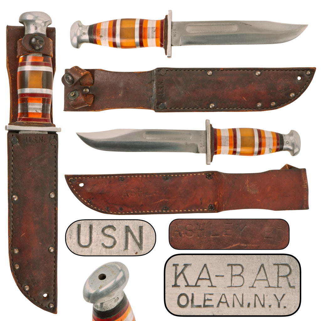 Original U.S. WWII Navy Named Modified KA-BAR Knife with Stacked Transparent Grip & USN Sheath