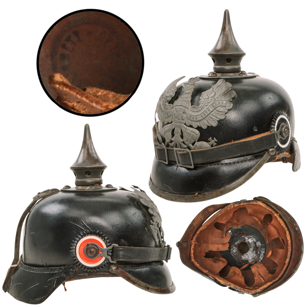 Original Imperial German WWI Prussian EM/NCO Infantry M1915 Pickelhaube Spiked Helmet with Cockades - Dated 1915