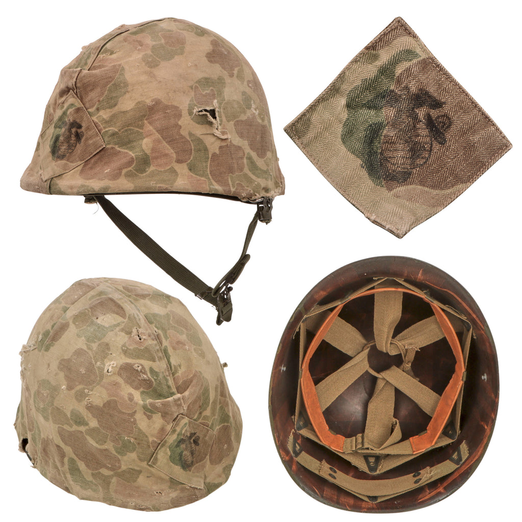 Original U.S. Korean War USMC WWII Front Seam Swivel Bale M1 Helmet with First Pattern USMC Camouflage Cover & Firestone Liner Original Items