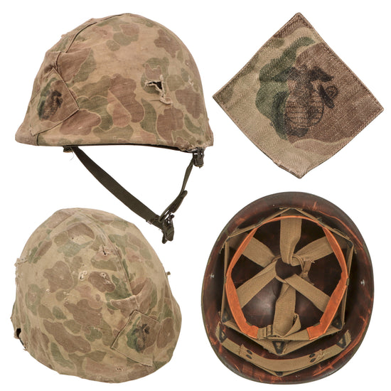 Original U.S. Korean War USMC WWII Front Seam Swivel Bale M1 Helmet with First Pattern USMC Camouflage Cover & Firestone Liner Original Items