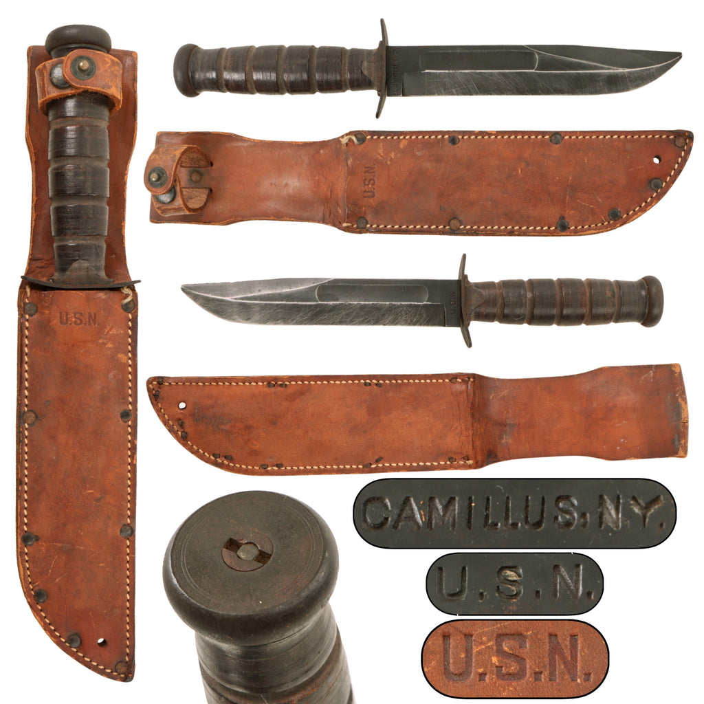 Original U.S. WWII Navy Mk. II KA-BAR Blade-Marked Fighting Knife by Camillus with U.S.N. Marked Sheath