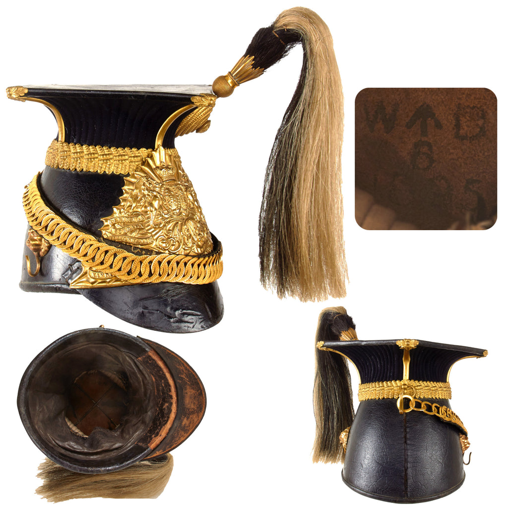 Original British Victorian Era 9th Royal Lancers Other Ranks Tschapka Helmet with Chinscales and Plume - Dated 1895 Original Items