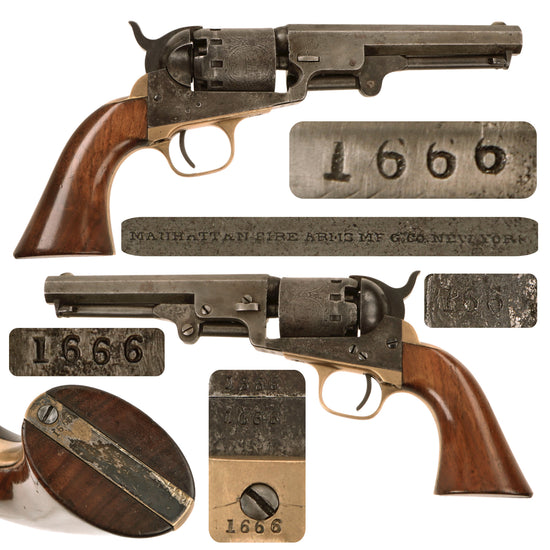 Original U.S. Civil War Manhattan Firearms Series I Navy .36 Percussion Revolver with 5" Barrel and Cylinder Scenes - Matching Serial 1666 Original Items