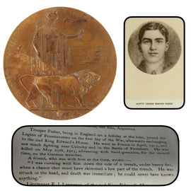Original British WWI Battle of Festubert KIA Memorial Plaque “Death Penny” to Trooper Alwyn George Edmond Fisher, 2nd King Edward’s Horse - Killed May 25, 1915 Advancing with Hand Grenades on German Trenches