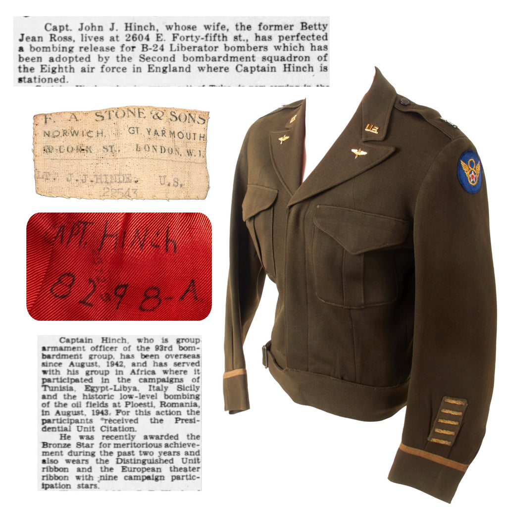 Original U.S. WWII Named AAF British-Made 93rd Bomb Group Uniform Ike Jacket with Bullion Stripes - Captain John J. Hinch, Designed Bombing Release for B-24 Liberator Bomber Original Items