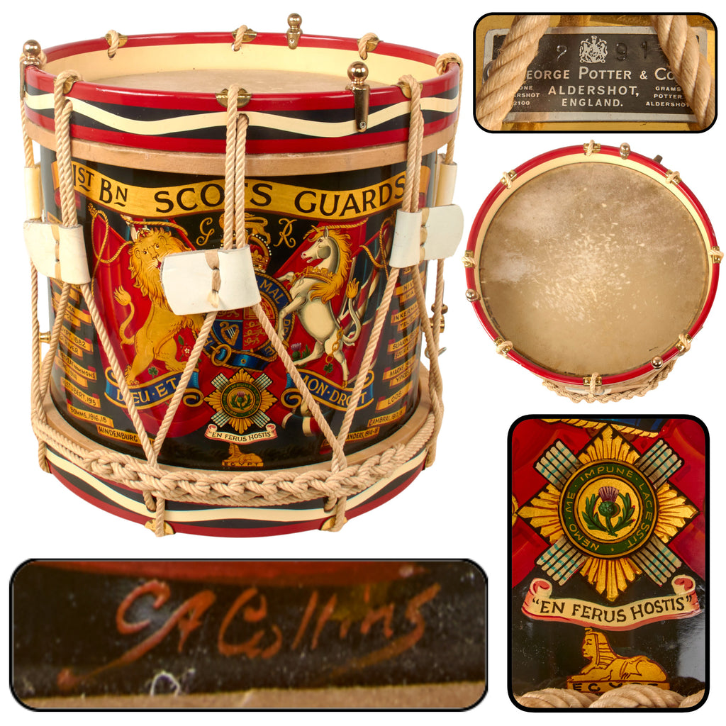 Original British WWII Era Regimental Drum of the 1st Battalion Scots Guards by George Potter of Aldershot with Battle Honors to 1918 - Pre-1952 Original Items