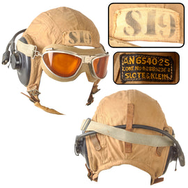Original U.S. WWII AN-6542 Summer Flying Helmet with AN-6530 Goggles and ANB-H-1 Headphones - Attached 819 Tag