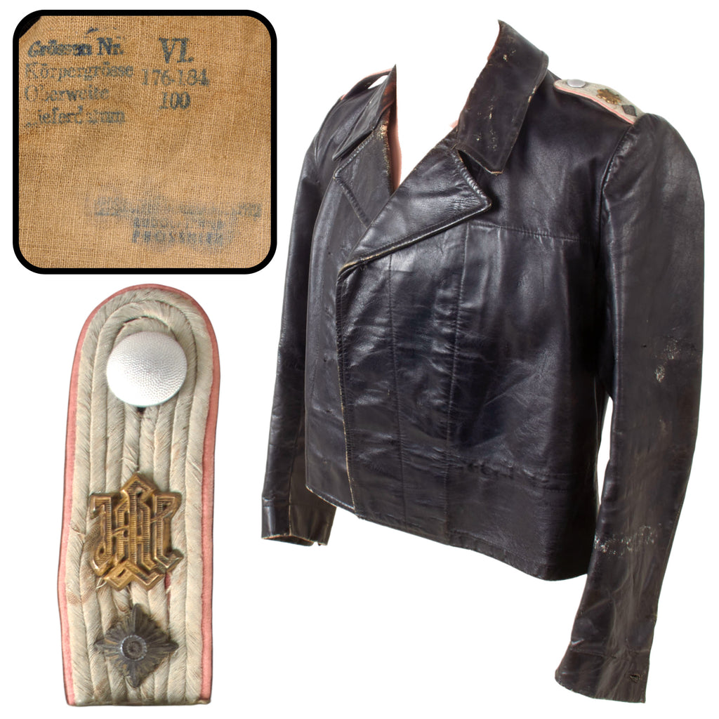 Original German WWII Panzer Oberleutnant Black Leather Wrap Jacket by Rudolf Heine of Prossnitz with LAH Cyphers Original Items