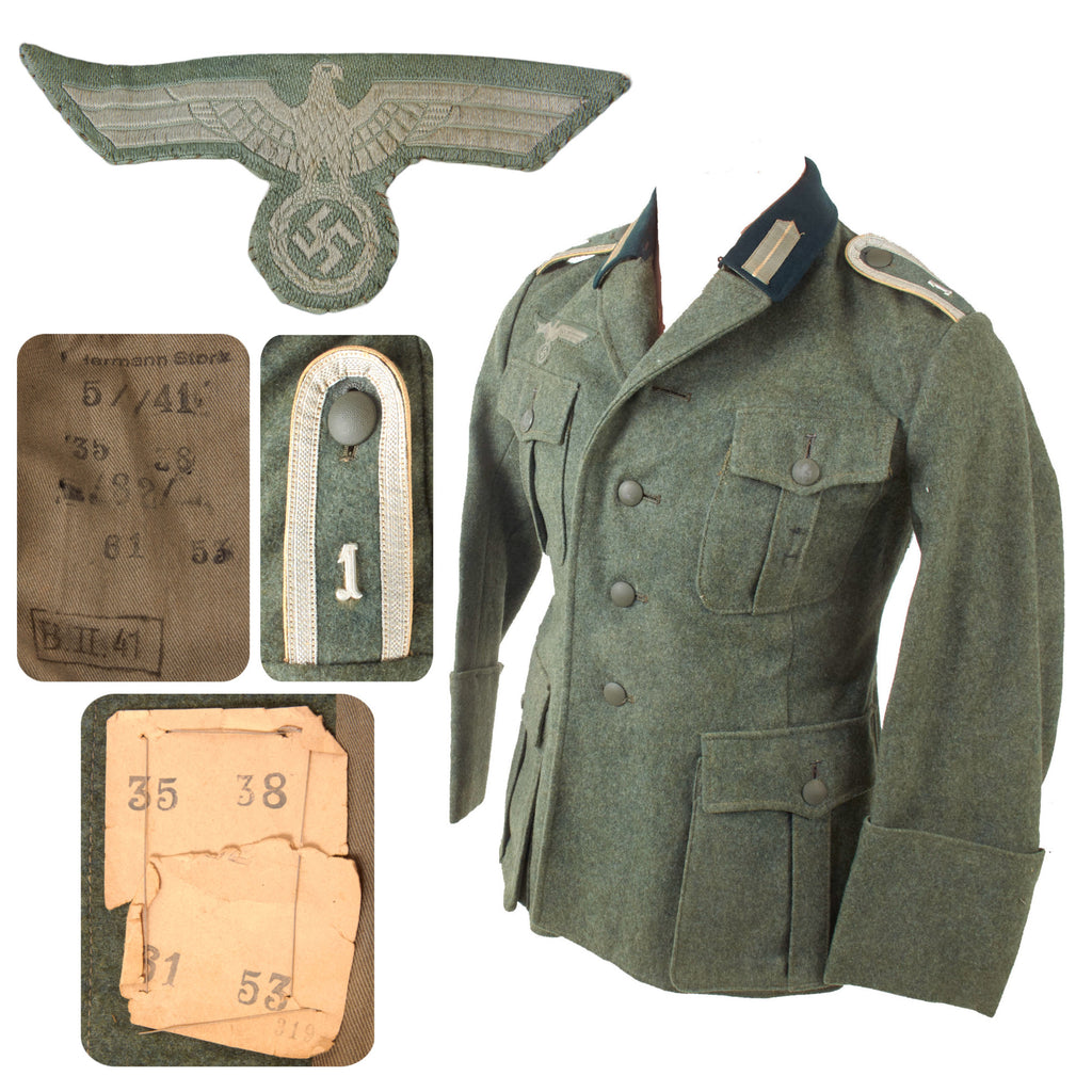 Original German WWII Heer Army Infantry Unteroffizier NCO M36 Uniform Tunic by Hermann Stork with Garde Traditions Collar Tabs - Dated 1941 Original Items