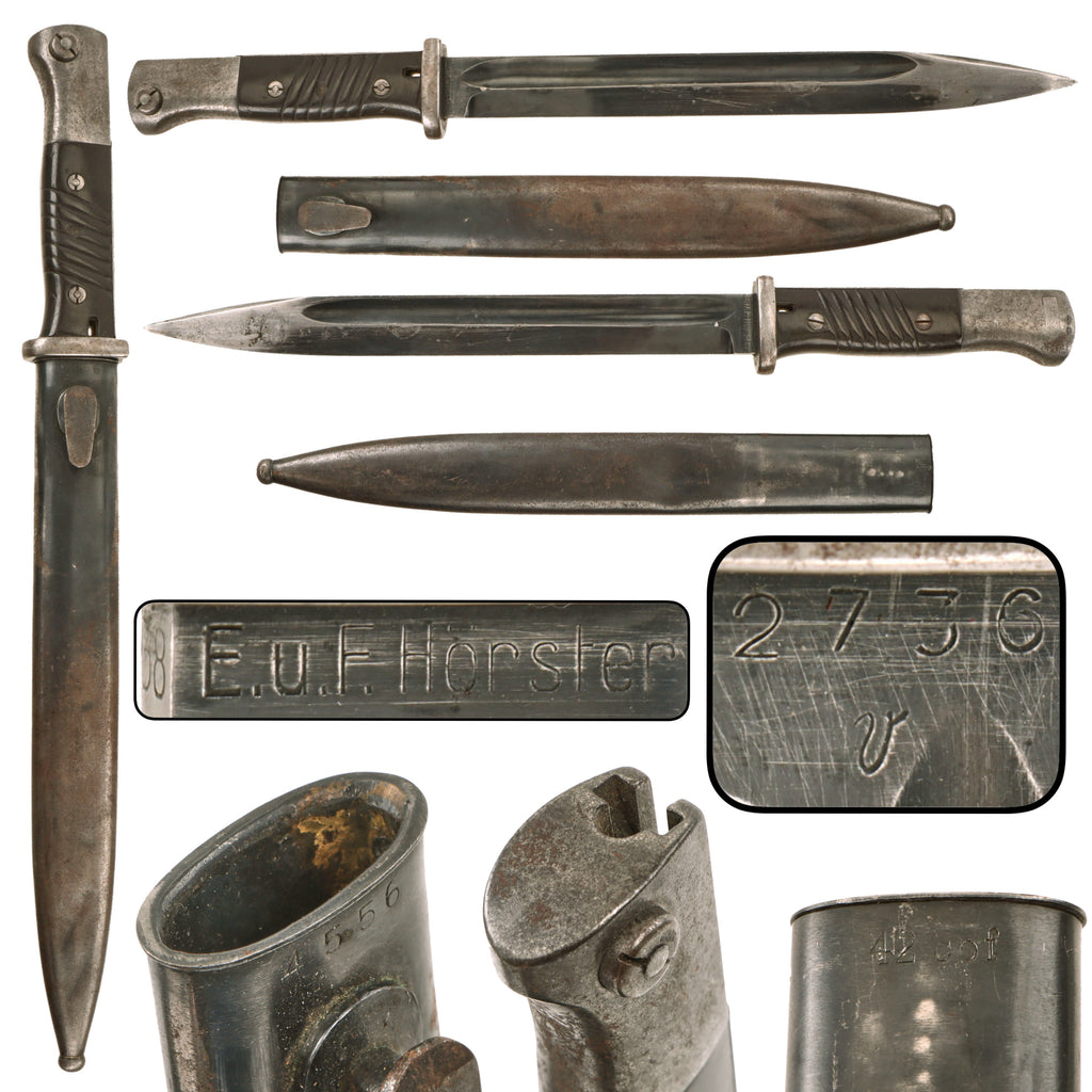 Original German WWII 1938 Dated S84/98 III 98K Bayonet by E. & F. Hörster Serial No. 2736 v with Unmatched 1942 Carl Eickhorn Scabbard