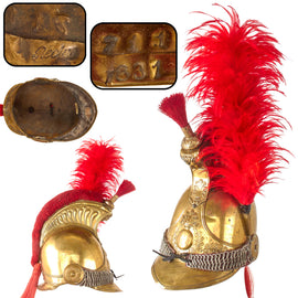Original French Restoration Era Model 1825 Carabinier Brass Helmet with Red Plume - Possibly Dated 1831