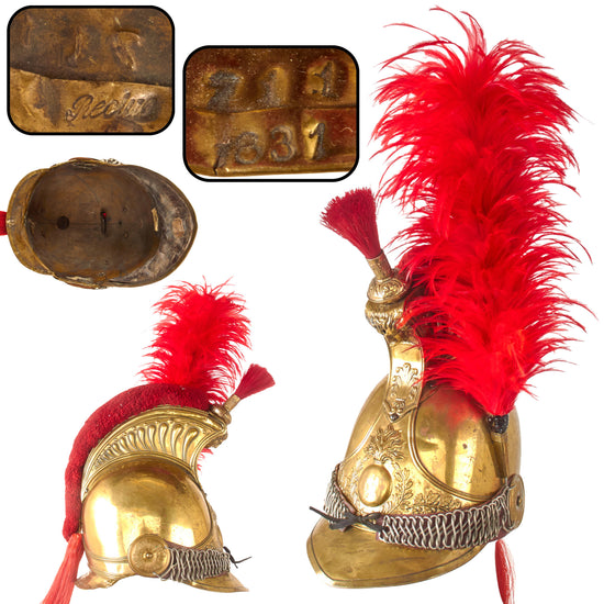 Original French Restoration Era Model 1825 Carabinier Brass Helmet with Red Plume - Possibly Dated 1831 Original Items