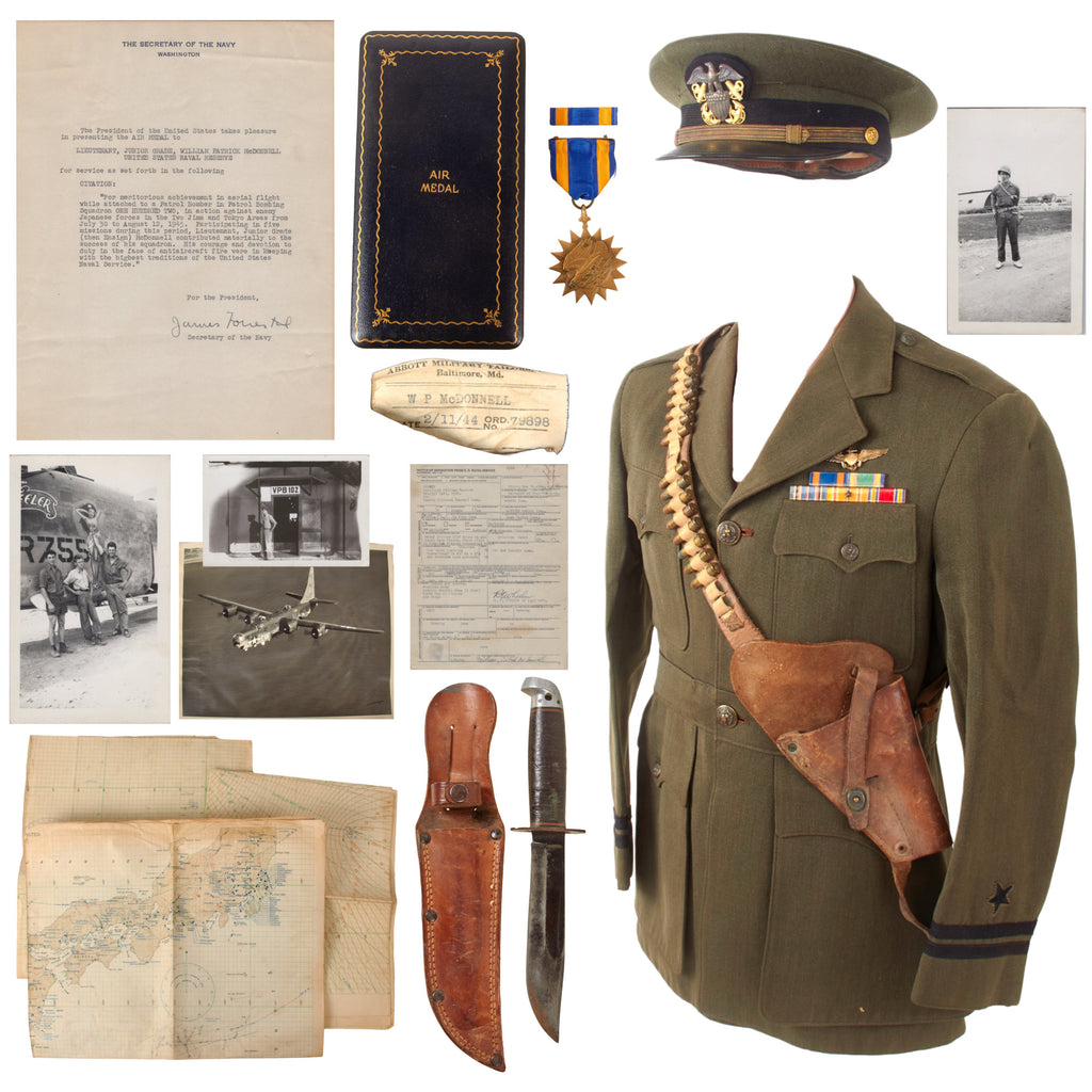 Original U.S. WWII Patrol Bombing Squadron 102 Naval Aviator Uniform Grouping with Western G-46-6 "Shark" Fighting Knife, M3 Holster, Annotated Mission Maps, and Ephemera - William P. McDonnell
