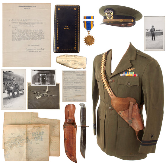 Original U.S. WWII Patrol Bombing Squadron 102 Naval Aviator Uniform Grouping with Western G-46-6 "Shark" Fighting Knife, M3 Holster, Annotated Mission Maps, and Ephemera - William P. McDonnell
