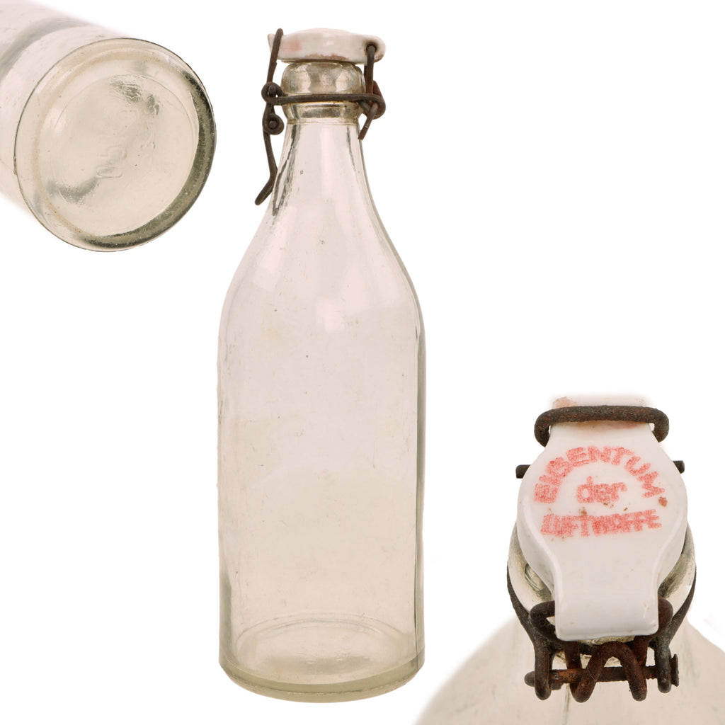 Original German WWII Luftwaffe Marked Clear Glass Beer or Wine Bottle - Marked Property of Luftwaffe Original Items